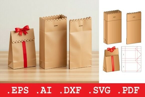 Scalloped Top Gift Bag with Ribbon Accent: A 3D SVG for Boutique Packaging and Branding Projects